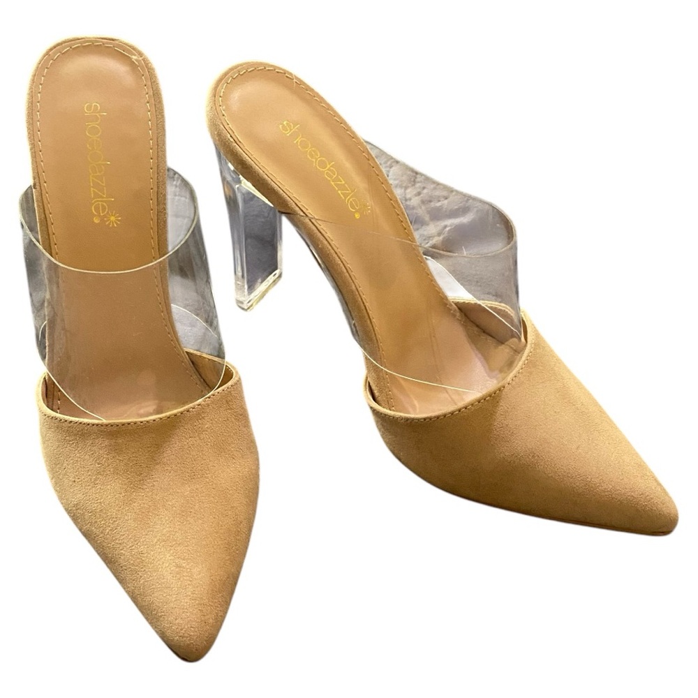 Shoe Dazzle Cream Mules with Pointed Toe and Sculptural Clear Heel Sz 8